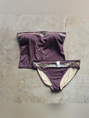 vtg y2k brown tube top sequin bikini set size 12
